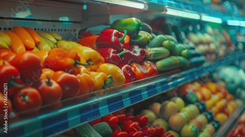 Fresh and clean healthy fruits on supermarket shelves AI generated image