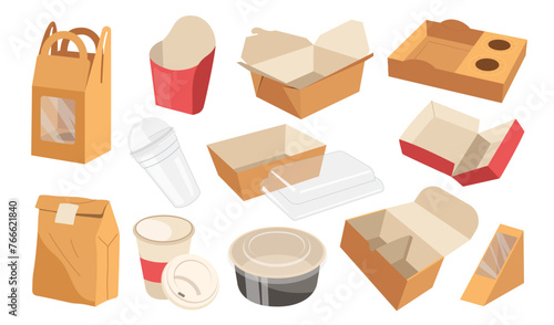 Cardboard boxes, cups, bowls and bags one time packaging for fastfood storage and meal delivery set