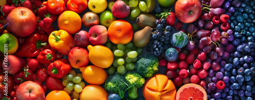 Panoramic view of colorful fruits and vegetables  showcasing fresh market variety.