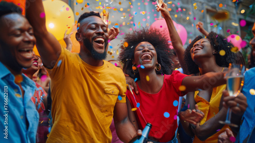 A group of friends is enjoying a vibrant party with confetti and balloons.