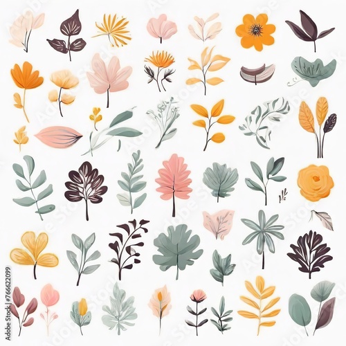 A collection of seamless pattern, colorful abstract plants and flowers. Hand drawn Collection of leaves and flowers. A close up of a pattern of flowers and leaves. 