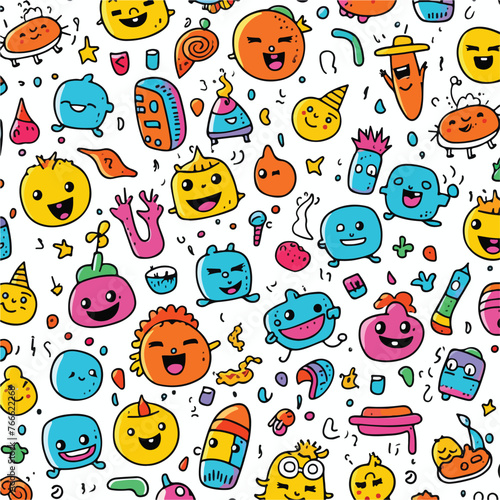 Cartoon doodles seamless pattern with emoji. Doodle