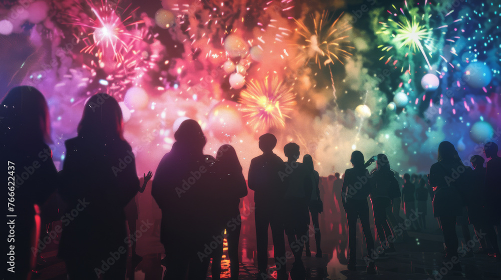 A crowd of spectators at a festival with fireworks lighting up the night sky.