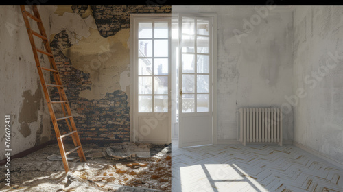 A wooden ladder leans against a sunlit wall with peeling paint, near a window, with a paint bucket, roller, and a dropcloth on the floor. photo