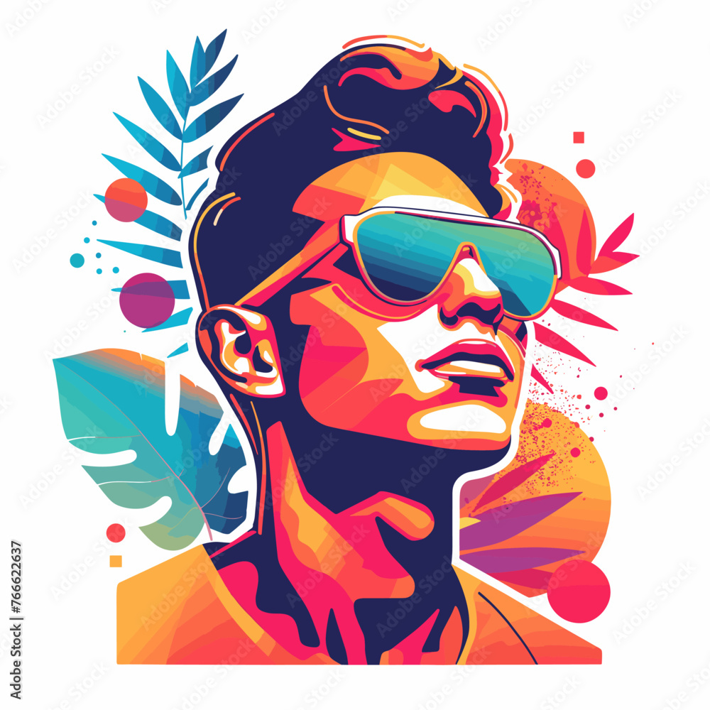 Vector illustration of a young man with sunglasses and tropical leaves on white background.