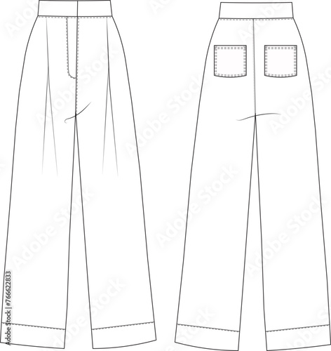 high rise waist pleated with pocket wide leg palazzo pant trouser jeans denim template technical drawing flat sketch cad mockup fashion woman design style model 