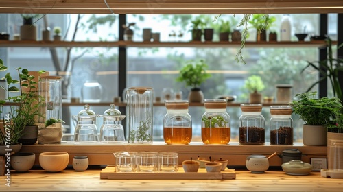 A serene modern tea house setting with clear glass teapots and assorted jars of tea leaves displayed on wooden shelves