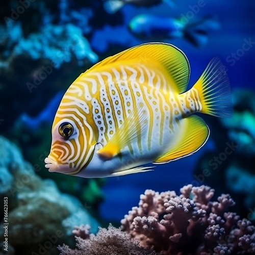 Animals of the underwater sea world. Ecosystem. Yellow and white tropical fish. Life in the coral reef