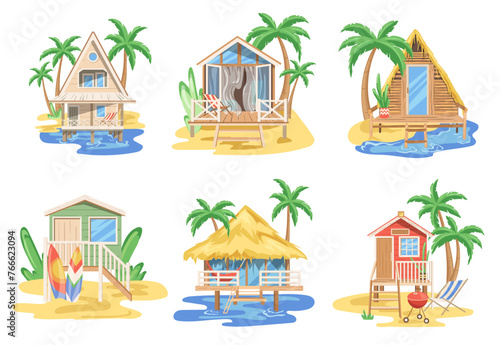Beach houses, tropical buildings, summer huts and bungalow placed on exotic island isolated set