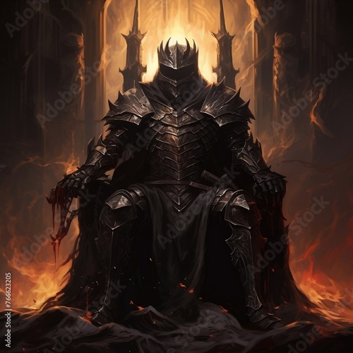 The Dark Lord sits on the throne, the black knight is the king, dark fantasy painting illustration