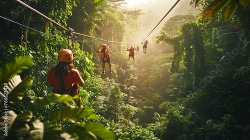 A photo of friends zip-lining through a lush jungle canopy, experiencing the thrill of adrenaline-pumping activities happiness, love and harmony