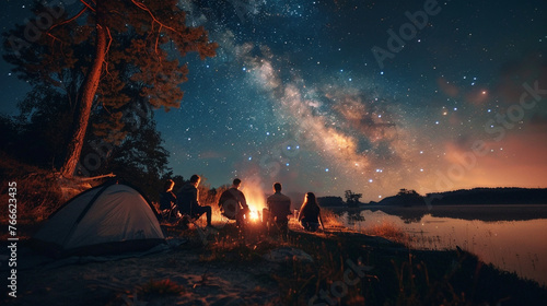 An image of friends camping under the stars in a remote wilderness area, bonding over shared outdoor adventures happiness, love and harmony