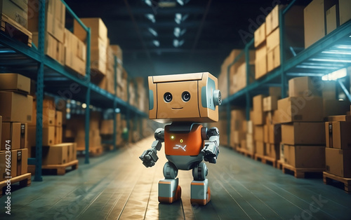 Cute brown robot in the warehouse. Box-mover robot 