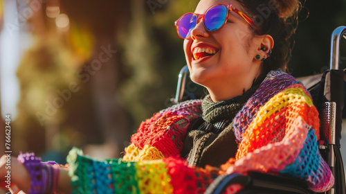 Happy disabled young girl in wheelchair wearing rainbow pride fashionable jumper cardigan outfit outdoors in nature. Candid young teenager with disability at LGBTQ  gay pride parade. Copy space