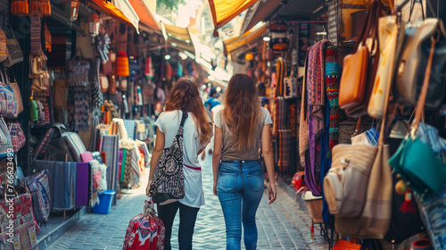 A photo of friends exploring colorful markets and historic landmarks in a charming old town happiness, love and harmony
