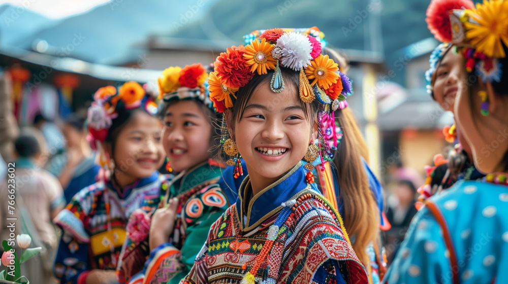 Fototapeta premium A photo of friends attending a traditional cultural festival, immersing themselves in local customs and traditions happiness, love and harmony