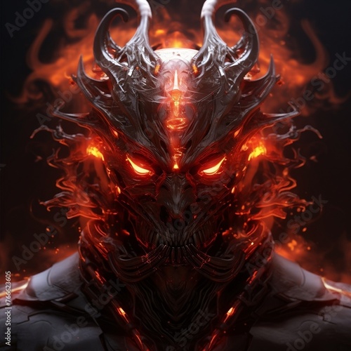 Digital painting of fire devil cyborg samurai face, 3D rendering