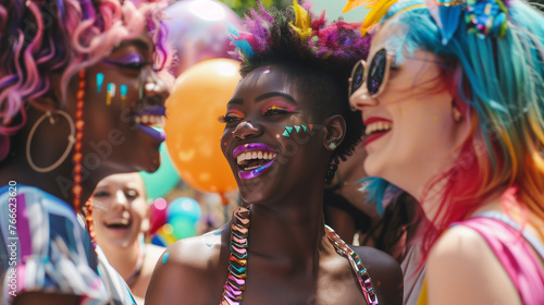 Happy multicultural transgender drag queens representing inclusion & diversity at LGBTQ+ gay pride parade. African american & white female lesbian friends laughing & smiling at pride party celebration