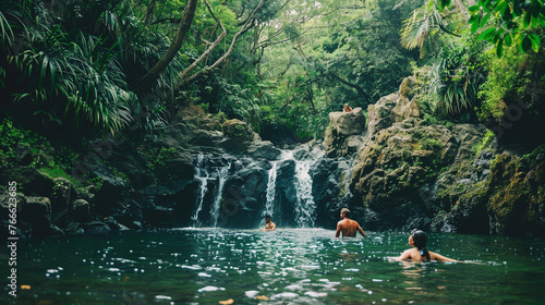 A photo of friends exploring hidden waterfalls and swimming in natural pools in a lush rainforest happiness, love and harmony