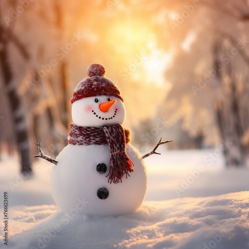 Close up view of happy snowman in winter scenery with copy space