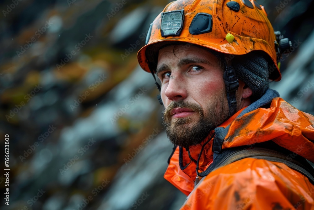 Focused geologist in protective gear during a field survey Focused geologist in protective gear during a field survey