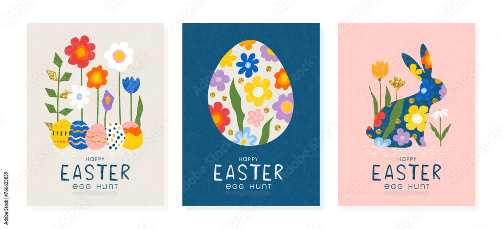 Happy Easter Set of banners, greeting cards, posters, holiday covers. Trendy design with beautiful egg,bunny and flowers. Vector illustration
