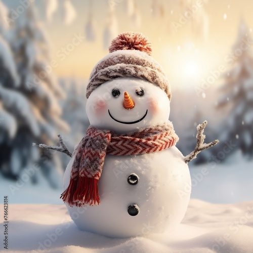 Close up view of happy snowman in winter scenery with copy space