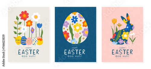 Happy Easter Set of banners, greeting cards, posters, holiday covers. Trendy design with beautiful egg,bunny and flowers. Vector illustration