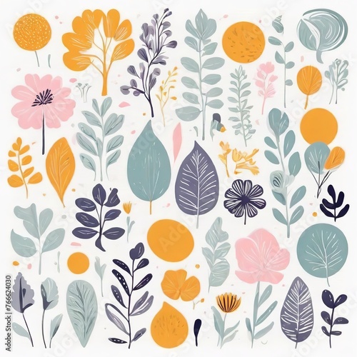 A collection of seamless pattern, colorful abstract plants and flowers. Hand drawn Collection of leaves and flowers. A close up of a pattern of flowers and leaves.  © Yasir