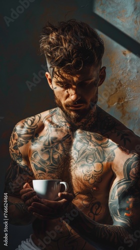 A tattooed man holding a cup of coffee