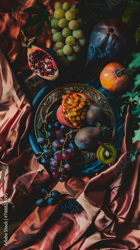A variety of plantbased organisms, including fruits and vegetables, are arranged on the table. Its like a natural foods art painting, showcasing the beauty and diversity of patterns in nature