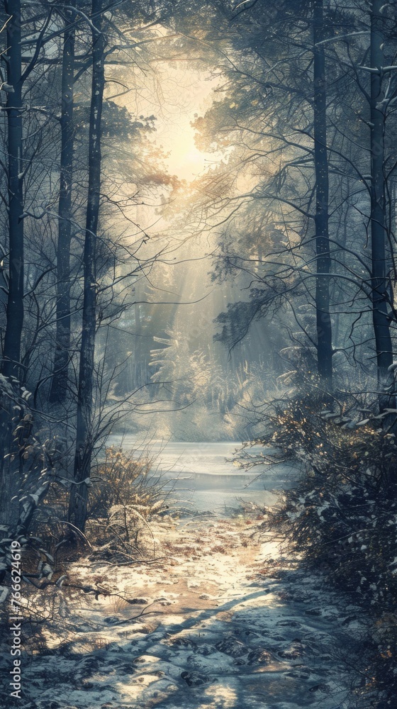 Obraz premium The sun shines through the trees in a snowy forest