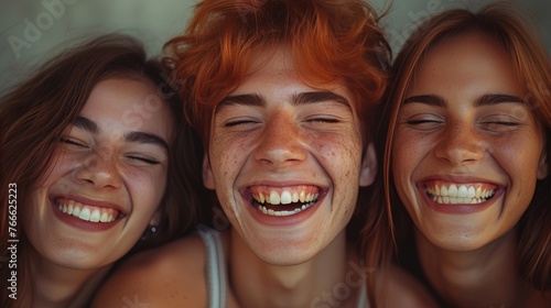 Three happy teenagers sharing a laugh, their genuine smiles conveying the joy of youthful friendship in a close-up portrait
