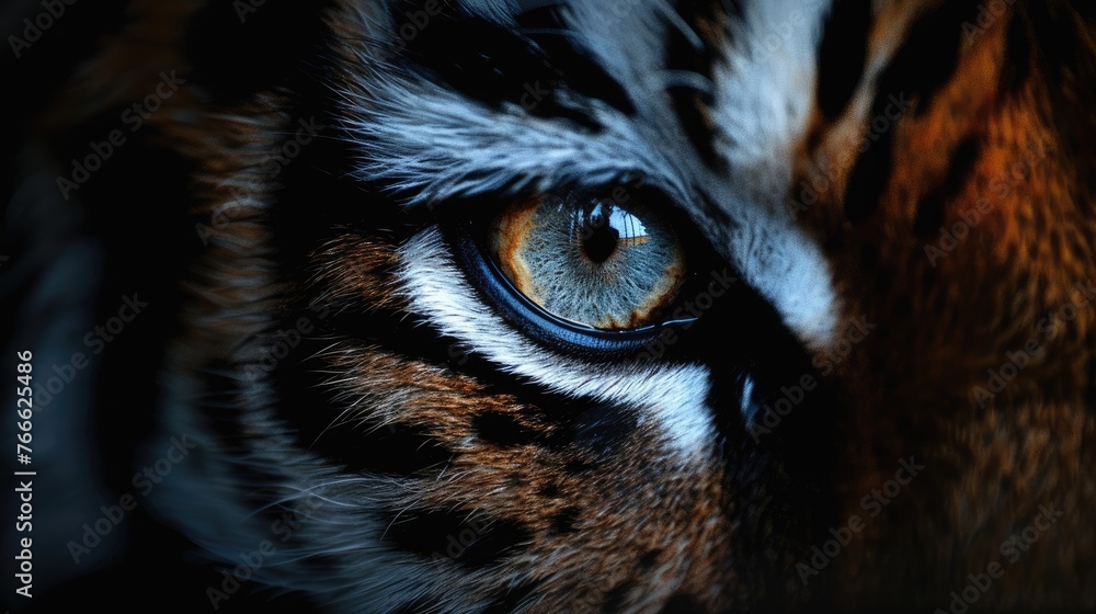 Close-up of a tiger's eye in dramatic lighting
