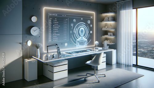 Ultra-modern, minimalistic workspace, holographic AI personal assistant.