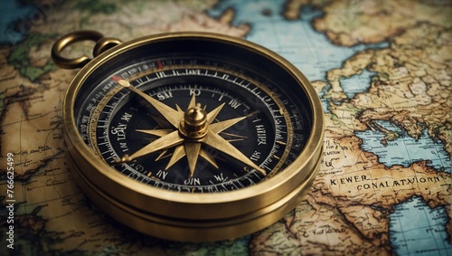 Magnetic old compass on a world map