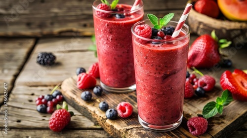 Fruit smoothies served on a rustic background.