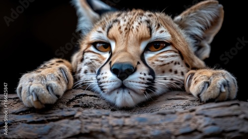 Resting serval cat with an intense gaze photo