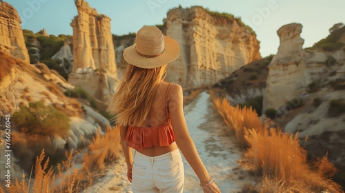 Woman in hat exploring majestic canyons at golden hour photo