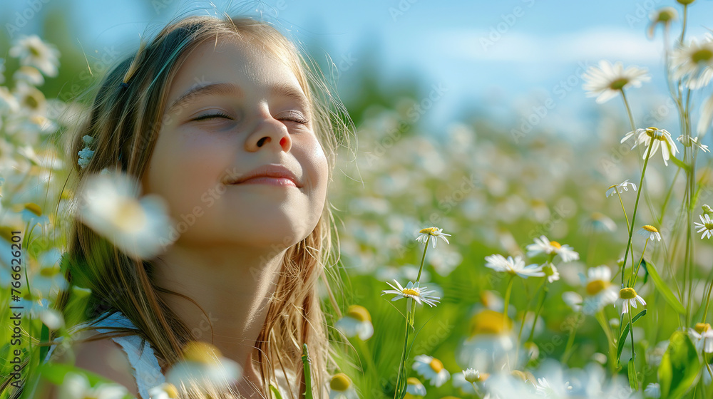 A young girl smiles with eyes closed, basking in a sunny field of daisies, conveying innocence and joy A young girl smiles with eyes closed, basking in a sunny field of daisies, conveying innocence and joy