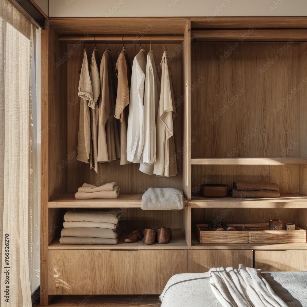 An elegant minimalist wardrobe interior with clothes neatly hung and shelves stacked with linens, reflecting a sophisticated and clean aesthetic.