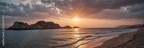 Glorious Sunrise: Azure Sea, Pink Sky, White Clouds, Golden Reflections, Serene Landscape