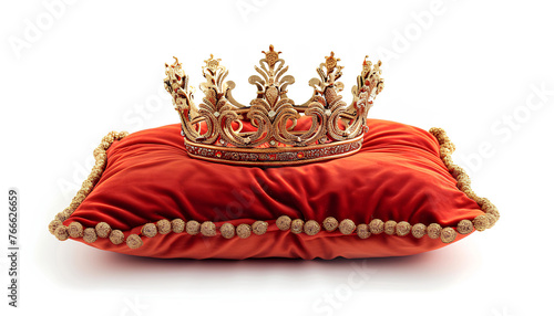 golden crown on the red pillow isolated on white background photo