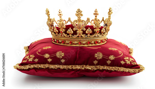 golden crown on the red pillow isolated on white background