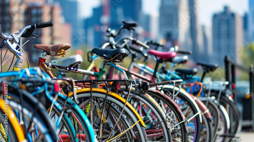 Bicycles parked neatly in a row against a vibrant city backdrop, promoting eco-friendly commuting alternatives