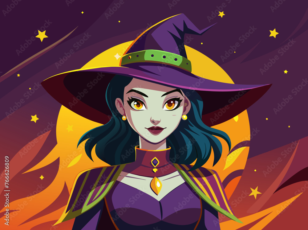 Portrait of a witch in a hat looking in front of her. a magical, mystical event. Concept - Walpurgis Night, Halloween, Sabbath, magic Portrait of a witch in a hat looking in front of her. a magical, mystical event. Concept - Walpurgis Night, Halloween, Sabbath, magic