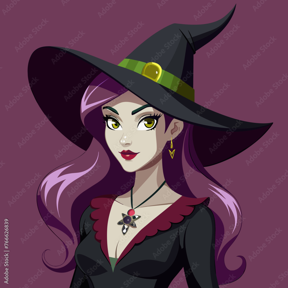 Portrait of a witch in a hat looking in front of her. a magical, mystical event. Concept - Walpurgis Night, Halloween, Sabbath, magic Portrait of a witch in a hat looking in front of her. a magical, mystical event. Concept - Walpurgis Night, Halloween, Sabbath, magic
