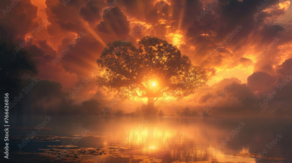 Divine Tree of Life surrounded by a serene lake with heavenly sun light rays at sunset in the wilderness, embodying spiritual energy and the presence of higher power. Spirituality and god concept