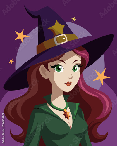 Portrait of a witch in a hat looking in front of her. a magical, mystical event. Concept - Walpurgis Night, Halloween, Sabbath, magic