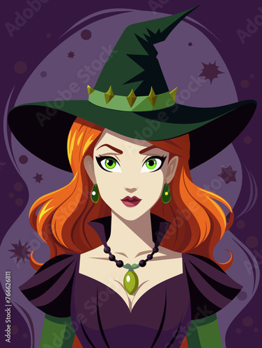 Portrait of a witch in a hat looking in front of her. a magical, mystical event. Concept - Walpurgis Night, Halloween, Sabbath, magic